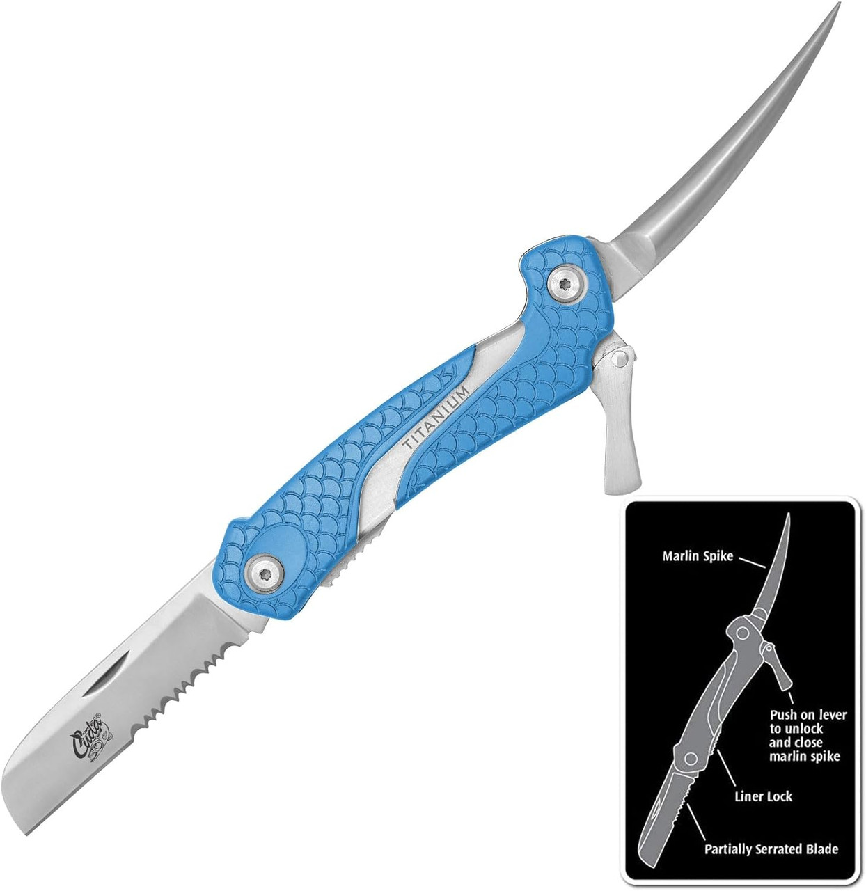 Cuda Titanium Bonded Marlin Spike Folding Knife Non-Slip Scale Pattern Grip