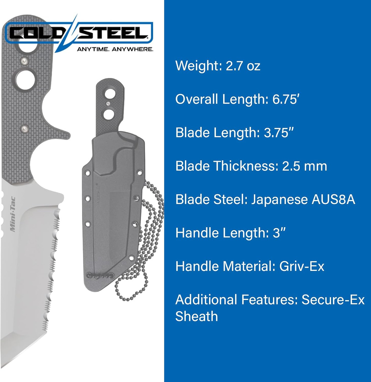 Cold Steel Mini Tac Tanto 3.75" Serrated Fixed Blade Neck Knife w/Sheath