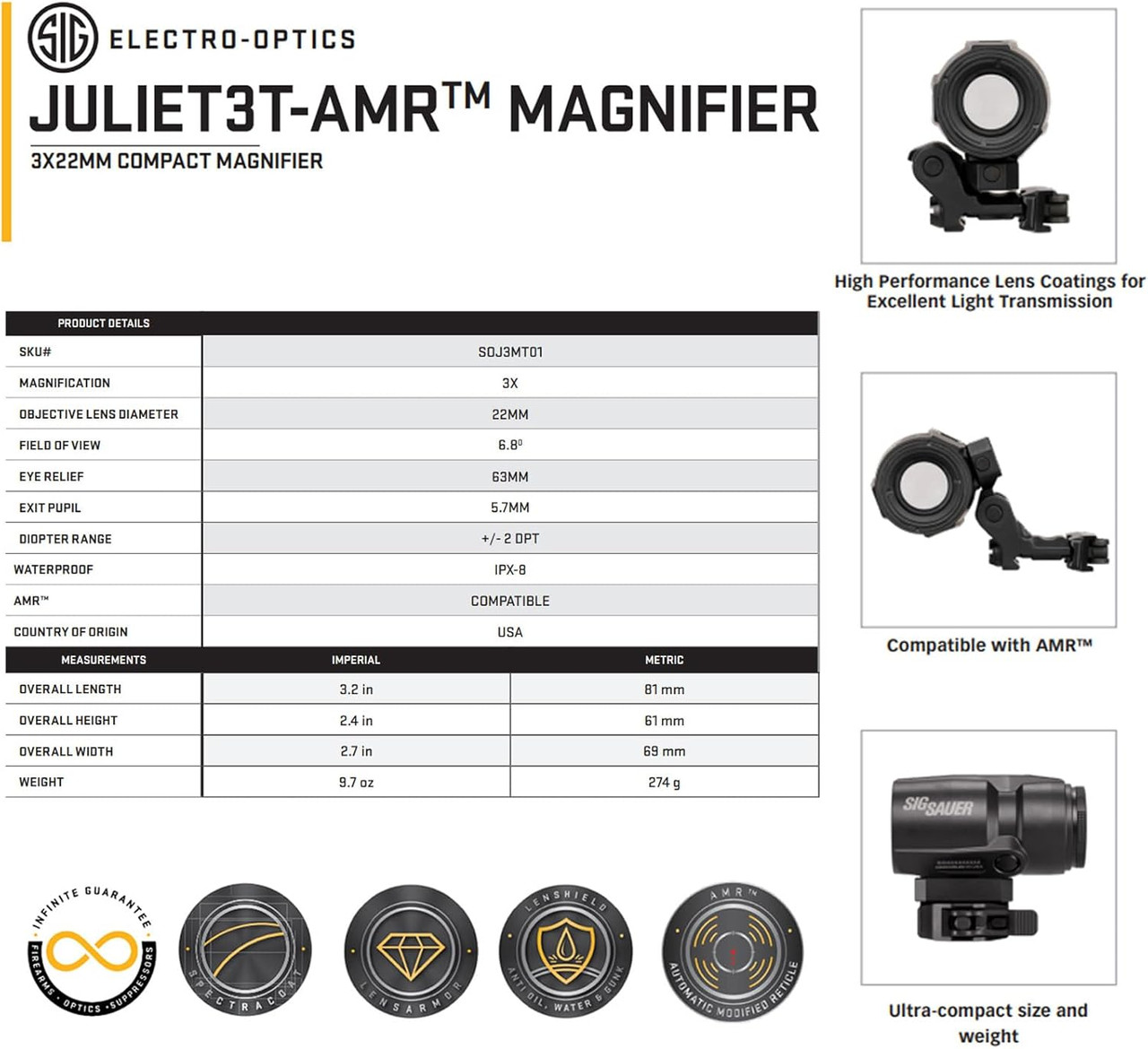 Sig Sauer JULIET3T-AMR 3x22mm Flip-to-Side Optic W/ PowerCam QR Mount Black