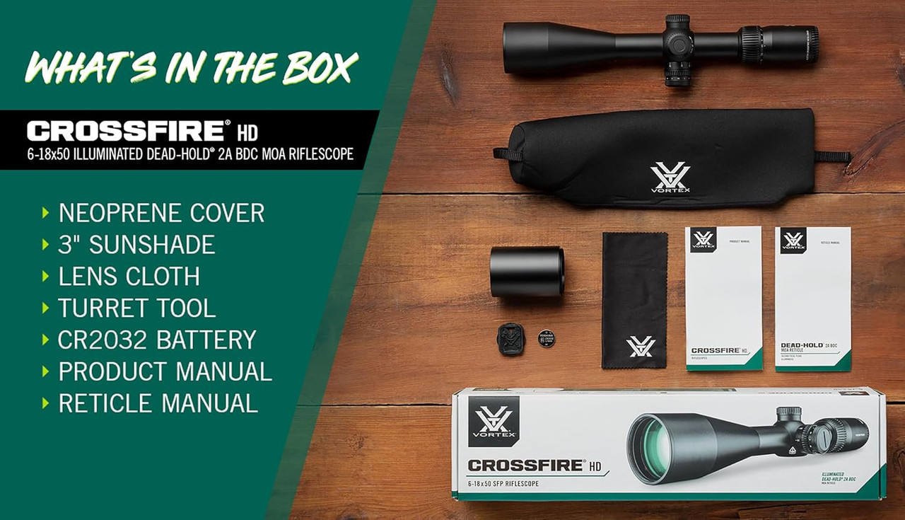 Vortex Crossfire HD 6-18x50 Illuminated Dead-Hold 2A BDC MOA 30MM Black Vortex Crossfire HD 6-18x50 Illuminated Dead-Hold 2A BDC MOA 30MM Black