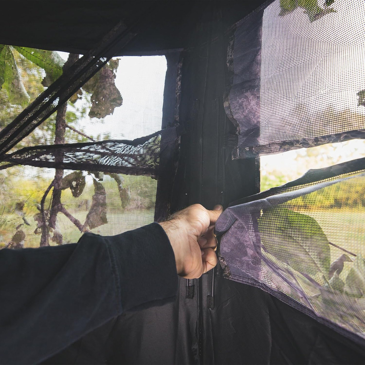 Hawk Reveal 3 Person Archery Blind W/ See-Through Mesh Window Chaos Camo Hawk Reveal 3 Person Archery Blind W/ See-Through Mesh Window Chaos Camo