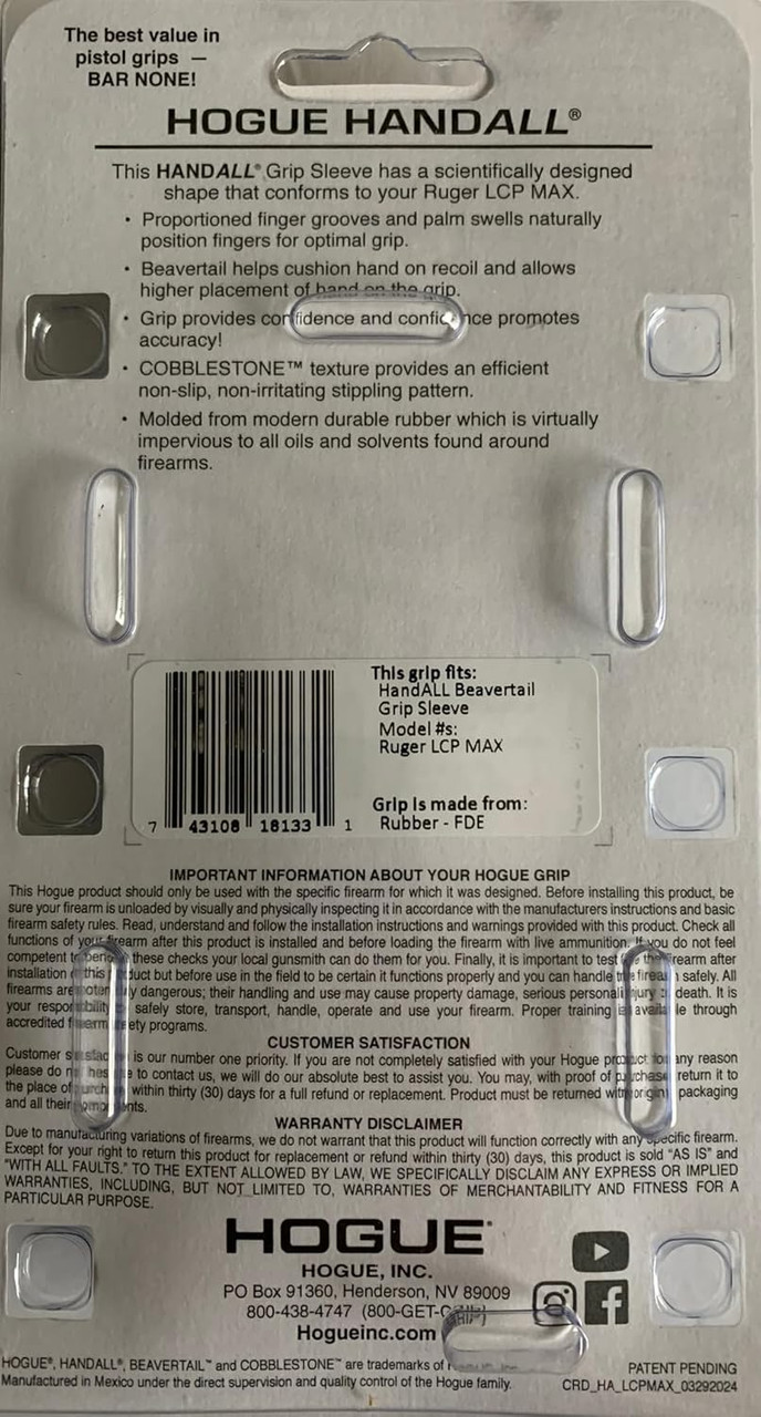 Hogue HandAll Beavertail Rubber Grip Sleeve Ruger LCP Max Flat Dark Earth