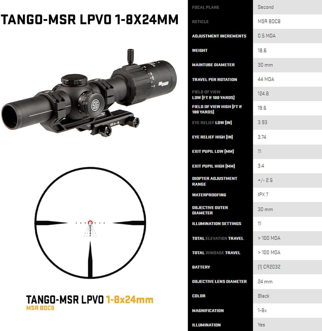 Sig Sauer Tango-MSR LPVO 1-8x24mm 30mm SFP Riflescope MSR BDC8 Reticle BLK