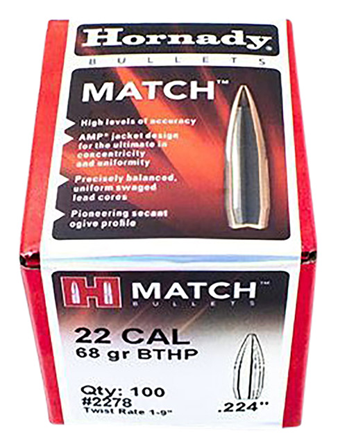 Hornady 2278 Match 22 Cal .224 68 gr HP Boat Tail Match 100 Per Box