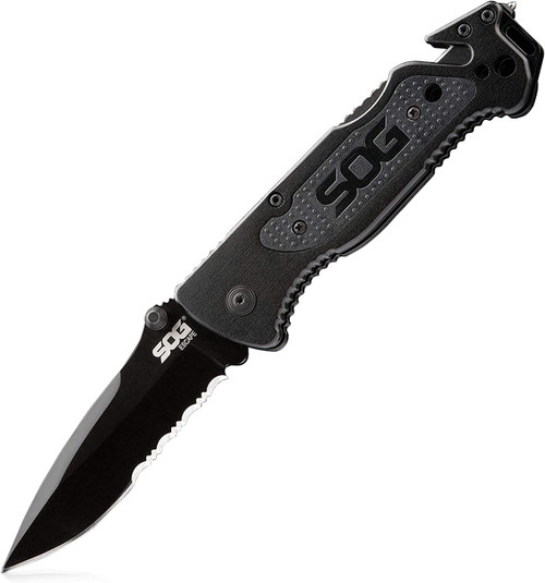 SOG Escape Tactical Folding Knife 3.4" Serrated Edge Blade Pocket Knife-BLK