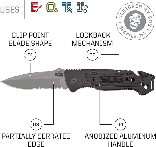 SOG Escape Folding Knife 3.4" Serrated Edge Blade w/ Glass Breaker Black
