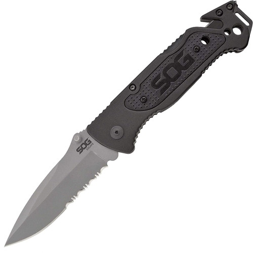SOG Escape Folding Knife 3.4" Serrated Edge Blade w/ Glass Breaker Black
