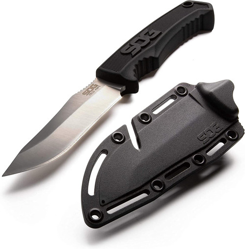SOG Survival Field Knife Full Tang W/ 4" Fixed Blade & Sheath - Black USED