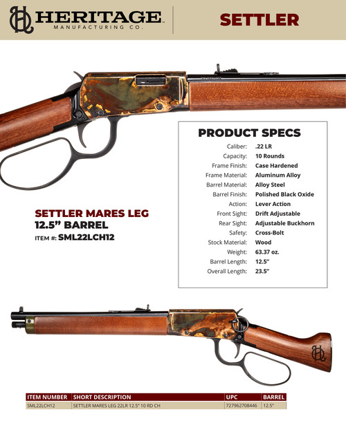Heritage SML22LCH12 Settler Mare's Leg 22LR 10+1 12" BBL Case Hardened
