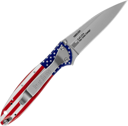 Kershaw Leek USA Flag Folding Pocket Knife, 3" Sandvik 14C28N Drop Blade