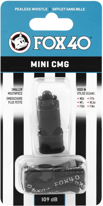 Fox 40 Official Mini CMG 3-Chamber Pealess Whistle 109 dB W/ Lanyard Blk