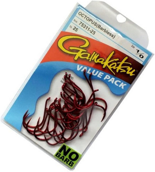 Gamakatsu Barbless Octopus Size 1/0 Red Finish Pack Of 25 75311-25