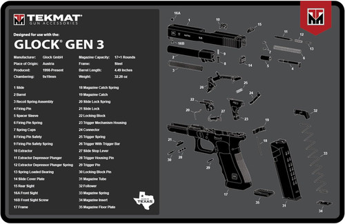 TekMat Glock Gen3 17"x11" Gun Cleaning Mat Black - TEK-R17-GLOCK-G3