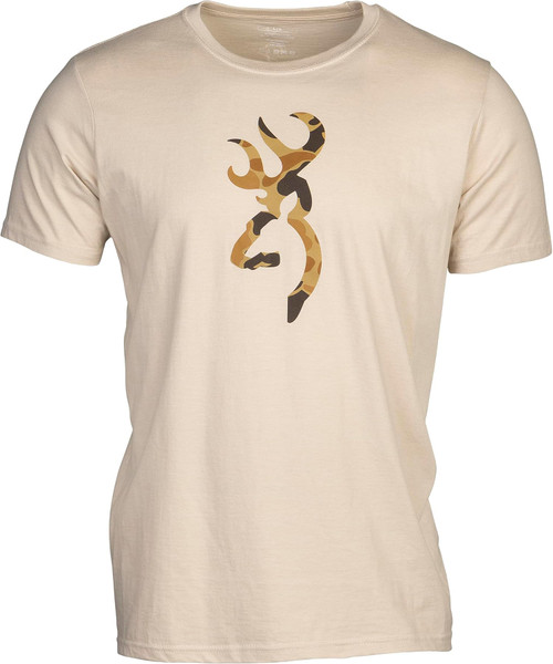 Browning Men's T-Shirt w/ Iconic Branding Tan/Vintage Camo Buckmark 3XL