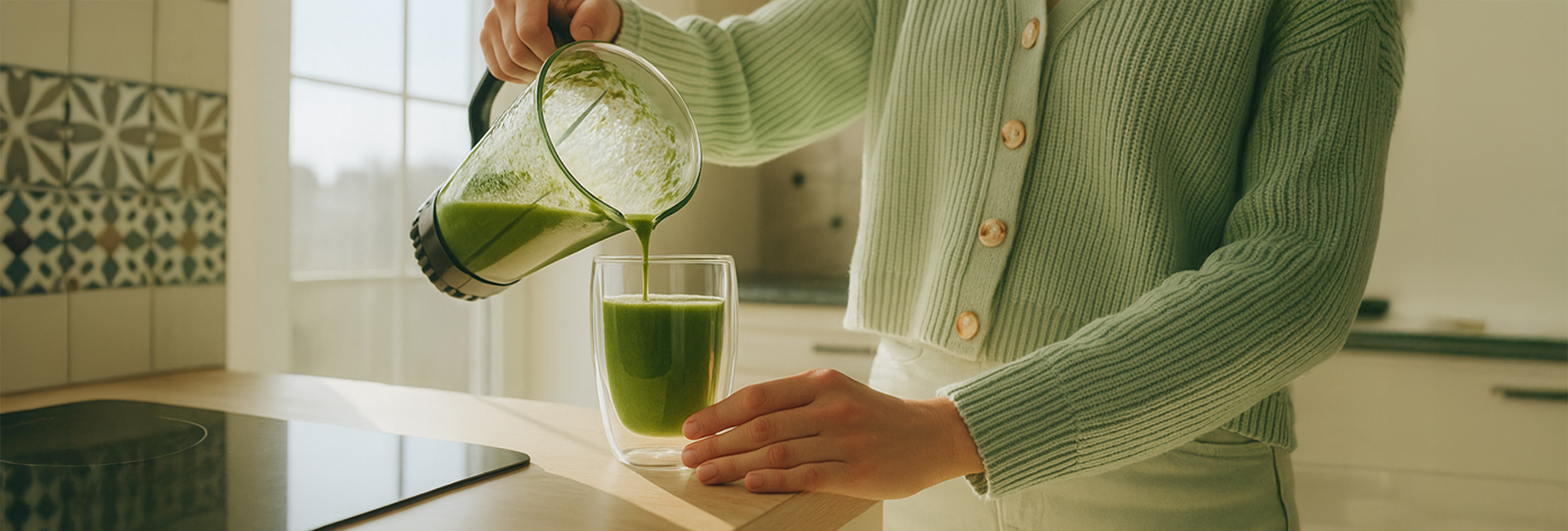 person pouring a smoothie from a blendte blender