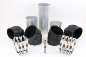 An air intake piping kit for a Peterbilt 386 truck with under hood, engine mounted air cleaner when installing a Cummins ISX CM570 engine, Caterpillar C12 engine or a Detroit Diesel Series 60 DDEC3 or DDEC4 engine.