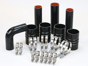 A piping install kit for charge air cooler tubes and radiator tubes.  The kit includes 2.5" silicone hose, 3" silicone hose, a 90 degree silicone elbow, air to air hoses and stainless steel constant torque clamps.