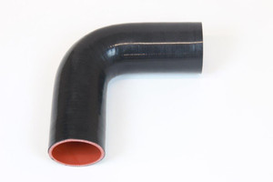 A black silicone 90 degree elbow that is 2.5" in diameter.