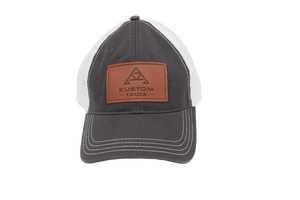 Kustom Truck black and white trucker hat with brown Kustom Truck leather patch
