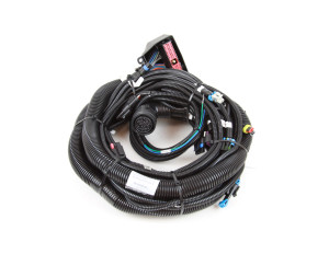 Engine installation harness for installing a Detroit Diesel Series 60 engine (DDEC5 engine electronics) into a Peterbilt truck with NAMUX1 Caterpillar chassis electronics.