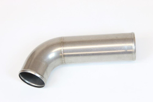 The right side air to air tube for a Peterbilt 388 or 389 short hood truck with a Caterpillar C15 ACERT twin turbo engine.  The tube connects the Charge Air Cooler to the turbo on the engine.  The tube is made from 304 stainless steel and offered in a mill finish.