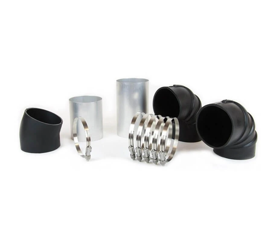 Complete air intake adapter piping kit components including rubber boots, aluminum intake tubes, 90-degree elbows, and stainless hose clamps