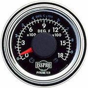 KENWORTH W900B YEAR 1994 2 .0625IN PYROMETER KIT 0-1800F W/ CHROME BEZEL BLACK FACE RED POINTER 14 FT. WIRING