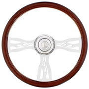 FREIGHTLINER FL70 YEAR 1999 18 INCH WOOD 3 SPOKE FLAME STEERING WHEEL WITH HUB AND HORN