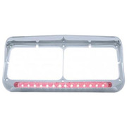 KENWORTH W900L AEROCAB YEAR 2008 CHROME RECTANGULAR DUAL HEADLIGHT BEZEL W/ 14 LED LIGHT BAR VISOR - RED LED/ CLEAR LENS