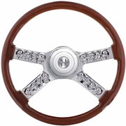 365 SBA YEAR 2009 18 INCH CHROME PLATED STEERING WHEEL HUB AND HORN BUTTON KIT W SKULL ACCENTS AND BROWN RIM
