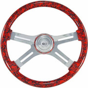 18IN Chrome 4 Spoke Red Skull Printed Wood Steering Wheel Kit PB 05-1993-04-1998 Tilt Telescopic