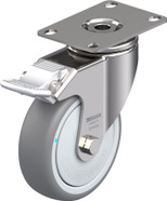 SS LD Swivel Caster 4IN Gray Rub on PP Delrin Whl 3.625x2.5IN Mt Plate W Total Lock Stop Fix Brake Replacement