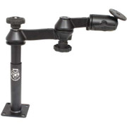 RAM MOUNTS DOUBLE SWING ARM 4 INCH MALE AND 7 INCH FEMALE TELE-POLE WITH 25 INCH ROUND BASE THAT CON NTAINS THE UNIVERSAL AMPS HOLE PATTERN