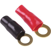 HAINES PRODUCTS 24K GOLD PLATED RING TERM 4GA WITH 38 INCH STUD SIZE HOLE SOFT PVC INSULATION PACK INCLUDES 1 RED AND 1 BLACK INSULATED TERMINAL