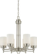 WRIGHT 6 LIGHT CHANDELIER WITH SATIN WHITE GLASS BRUSHED NICKEL CONTEMPORARY