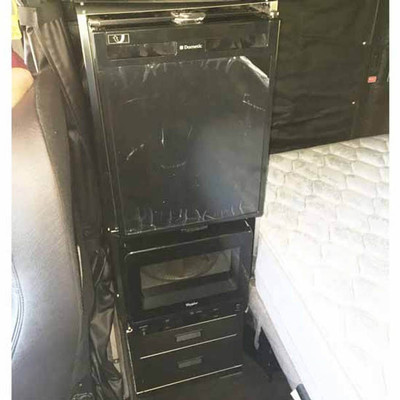 KENWORTH W900L YEAR 2004 BRUSHED STAINLESS 2 DRAWER CABINET W/ REFRIGERATOR AND MICROWAVE PASSENGER SIDE
