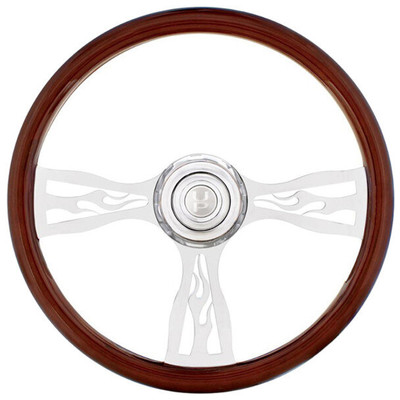 FREIGHTLINER FL70 YEAR 2002 18 INCH WOOD 3 SPOKE FLAME STEERING WHEEL WITH HUB AND HORN