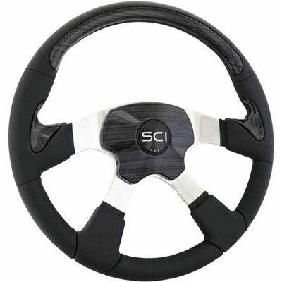 108SD YEAR 2015 18 INCH BLACK LEATHER TRAVELER STEERING WHEEL KIT WBLACK POWDER-COATED ALUMINUM 5 HOLE HUB ADAPTER
