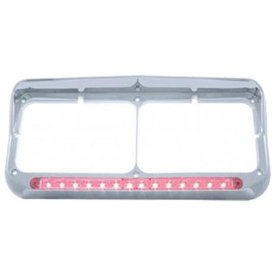 PETERBILT 365 SBA YEAR 2016 CHROME RECTANGULAR DUAL HEADLIGHT BEZEL W/ 14 LED LIGHT BAR VISOR - RED LED/ CLEAR LENS