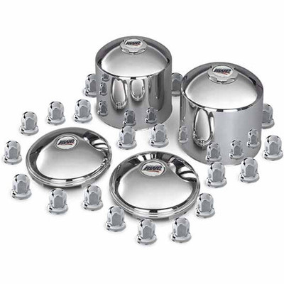 SILVERADO 5500HD YEAR 2018 19.5 INCH 304L STAINLESS GEAR NUT KIT W/ 2 BABY MOONS 2 HIGH HATS 32 LUG NUT COVERS FOR MEDIUM DUTY TRUCKS