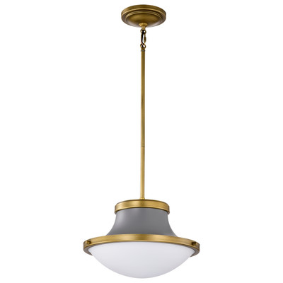 Lafayette 1 Light Pendant 14 Inches Gray Finish with Natural Brass Accents and White Opal Glass Replacement