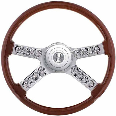 365 SBA YEAR 2022 18 INCH CHROME PLATED STEERING WHEEL HUB AND HORN BUTTON KIT W SKULL ACCENTS AND BROWN RIM
