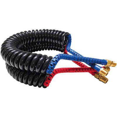 12 Foot Kink-Repairing 70MM Diameter Air Brake Coiled Hoses With 4 Inch Blue And Red Grips - Pair Replacement