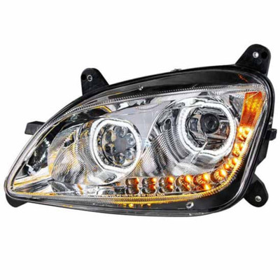 Black LED Headlight Assembly Driver Side with Amber Sequential Turn Signal For Peterbilt 579 587 Replacement