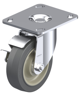 P12 LMD Swivel Caster 4IN 3.75X4.375In Gray Elast TP Rubber Tread Beige PP Core Wheel Brake Replacement