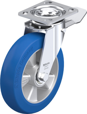 Pressed Stl Swivel Caster 8IN PU Die-Cast Alum Blue Whl 4.5x4IN Mt Plate W Total Lock Brake 9.5IN H Replacement