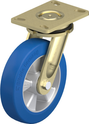 HD Welded Steel Swivel Caster 8IN Blue PU on Die-Cast Aluminium Wheel 6.25x4.5IN Mt Plate 9.625IN H Replacement