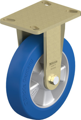 HD Welded Steel Fixed Caster 8IN Blue PU on Die-Cast Aluminium Wheel 6.25x4.5IN Mt Plate 9.625IN H Replacement