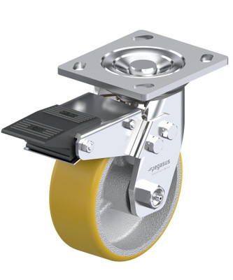 P21 MD Indust Swvl Caster 4X4.5In Yellow TP Polyurethane Tread On Silver Cast Total Lock Brake 1.2lb Replacement