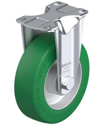 Pressed Steel Fixed Caster 5IN Green PU on Die-Cast Alum Whl 3.625x2.5IN Mounting Plate 6.125IN H Replacement